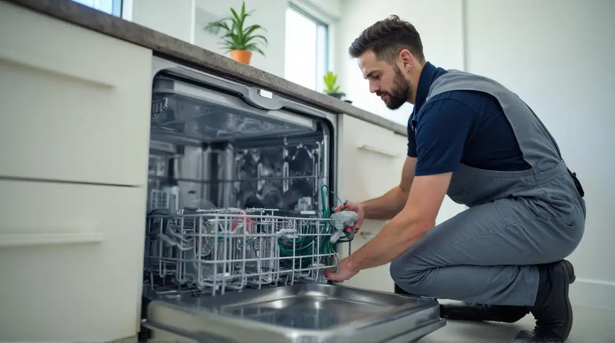 ხელოსანი ათვალიერებს ჭურჭლის სარეცხ მანქანას