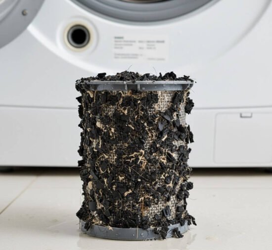 დაზიანებული ხალიჩის რეზინის ნარჩენები ფილტრში.