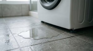 სარეცხი მანქანიდან წყალი ჟონავს იატაკზე.