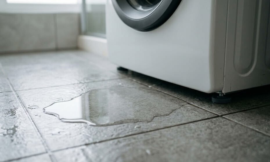 სარეცხი მანქანიდან წყალი ჟონავს იატაკზე.